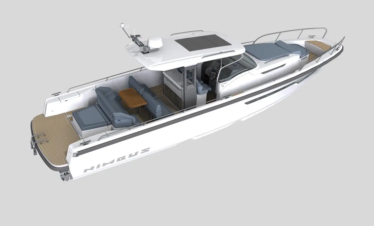 Modern Nimbus boat interior featuring seating, a table, and a helm, with a sleek white exterior and wood accents.